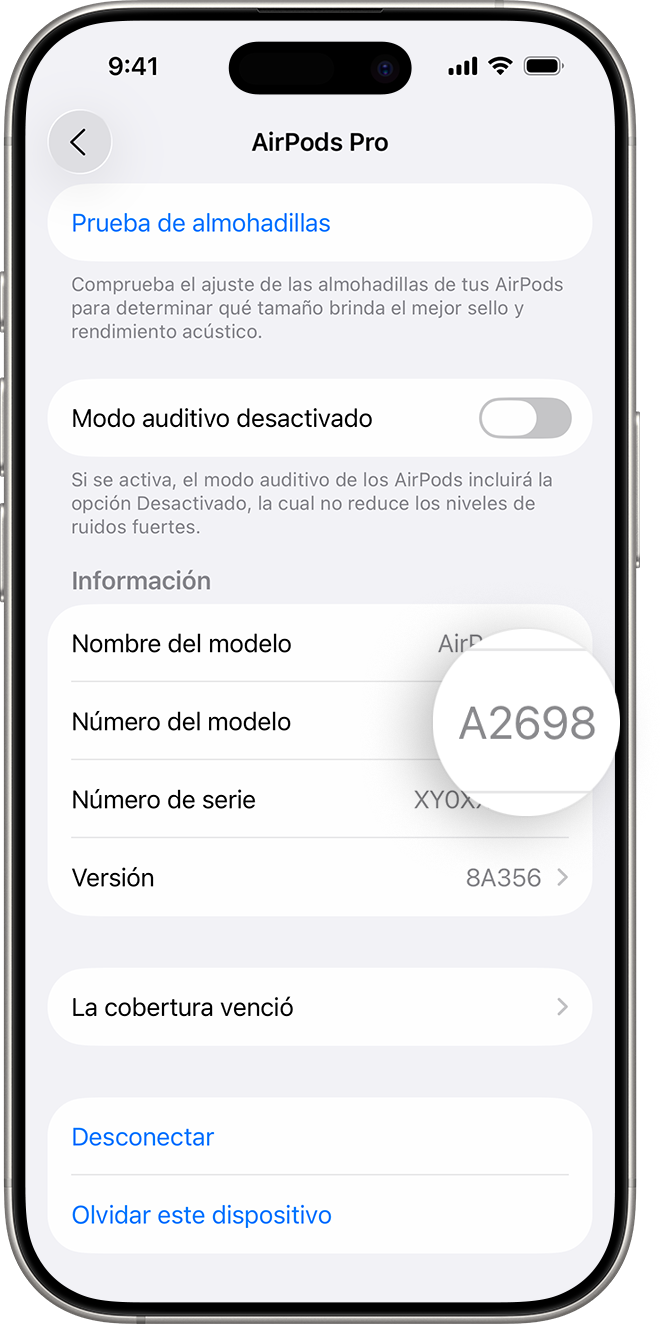 Pantalla de información de AirPods en iPhone con el número de modelo A2698 resaltado